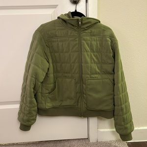 Green bomber jacket with hood
